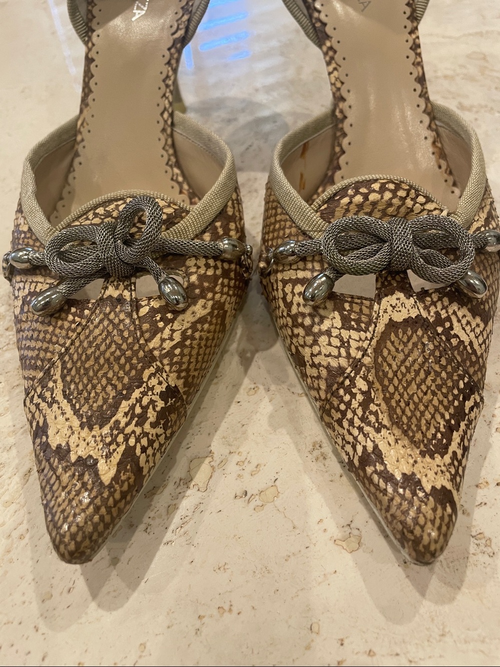 Apepazza Brown Leather Snake-Print Pointed Toe Heels with Knot Detail